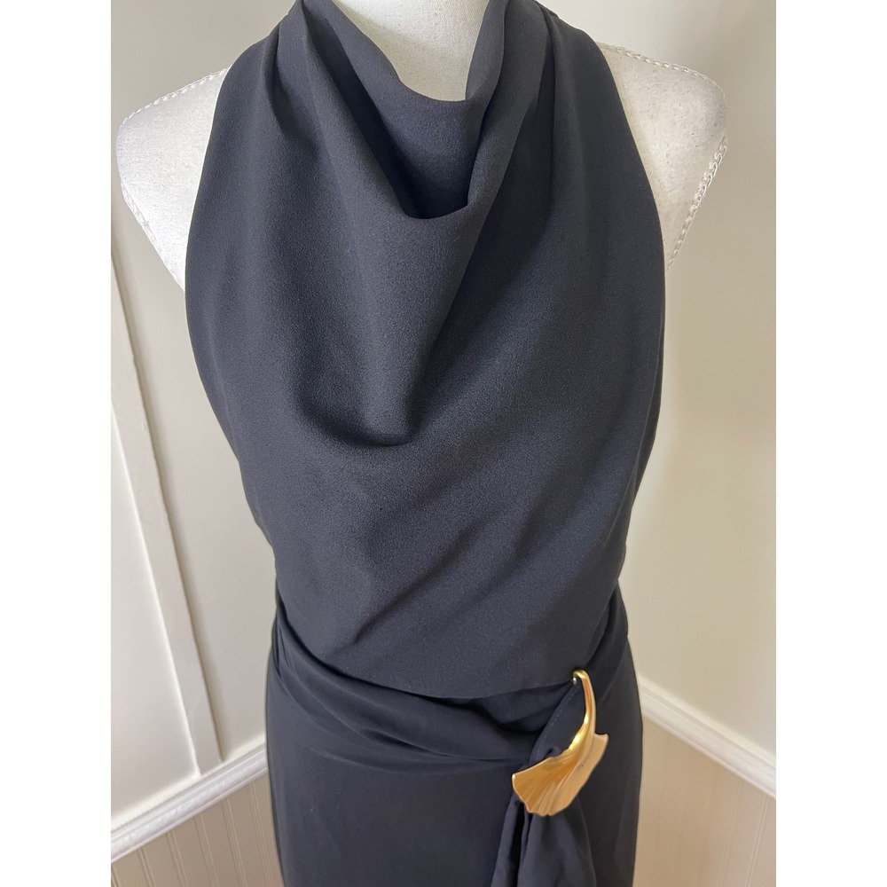 Donna Karan New York Black Cowl Neck Gown Gold Ginkgo Leaf Detail Size 6 NWT - Picture 10 of 15